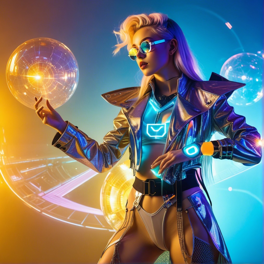 Futuristic figure in metallic fashion with neon accents