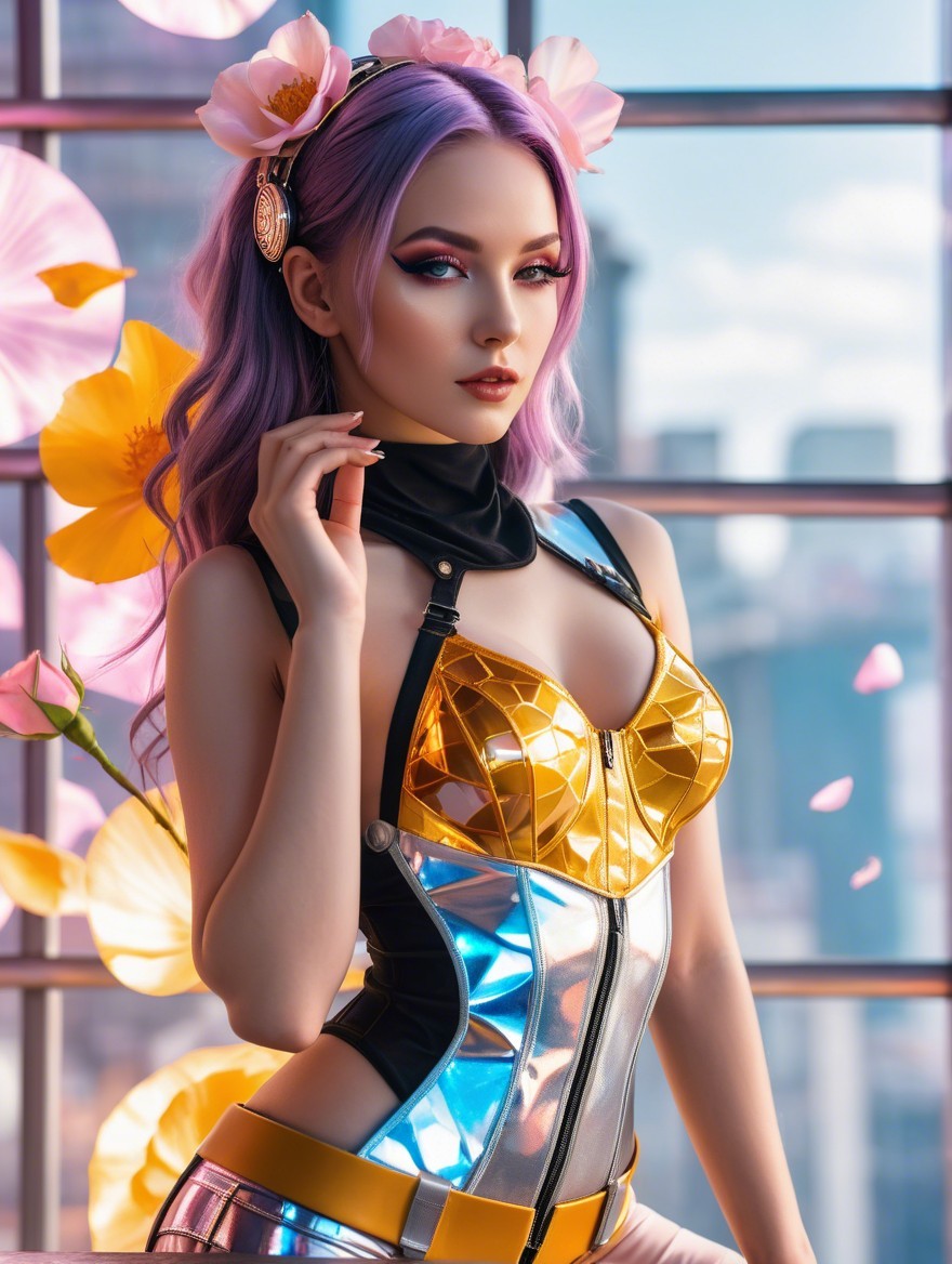Stylish Woman in Metallic Bodysuit with Cityscape Background