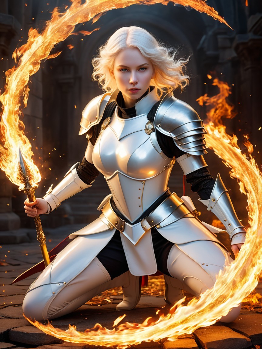 Fierce warrior in silver armor with swirling flames