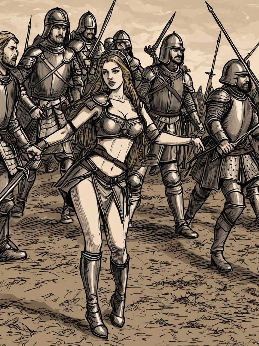 Warrior Woman Leads Armored Soldiers in Battle Scene