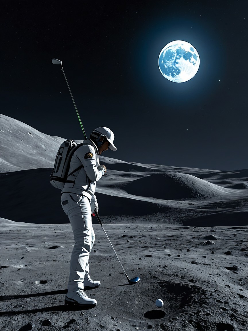 Astronaut on Moon Preparing to Swing Golf Club