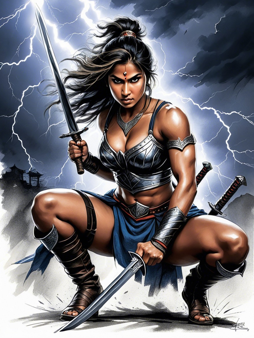Fierce Warrior with Dual Swords in Dramatic Setting