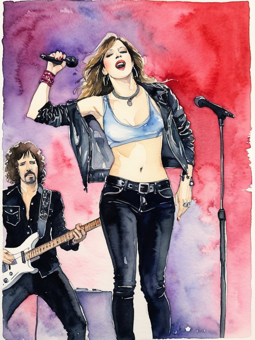 Vibrant Watercolor Concert Scene with Female Singer
