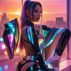Futuristic Figure by Window with Sunset and Neon Lights
