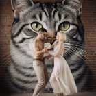 Models Posed Dramatically Against Colorful Cat Mural