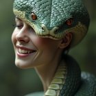 Surreal Woman with Green Snake and Playful Smile