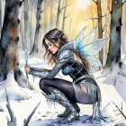 Fairy in Snowy Forest with Shimmering Wings and Armor