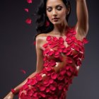 Model in Red Rose Petal Outfit Against Dark Background