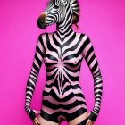 Zebra-Striped Bodysuit and Mask on Vibrant Pink Background