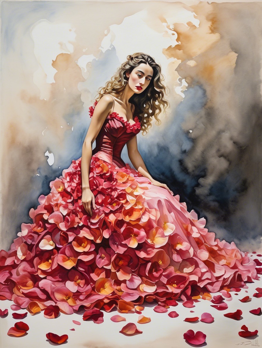 Woman in Petal Gown Surrounded by Flower Petals