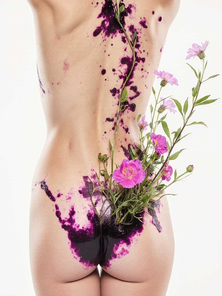 Nude Figure with Purple Splashes and Pink Flowers