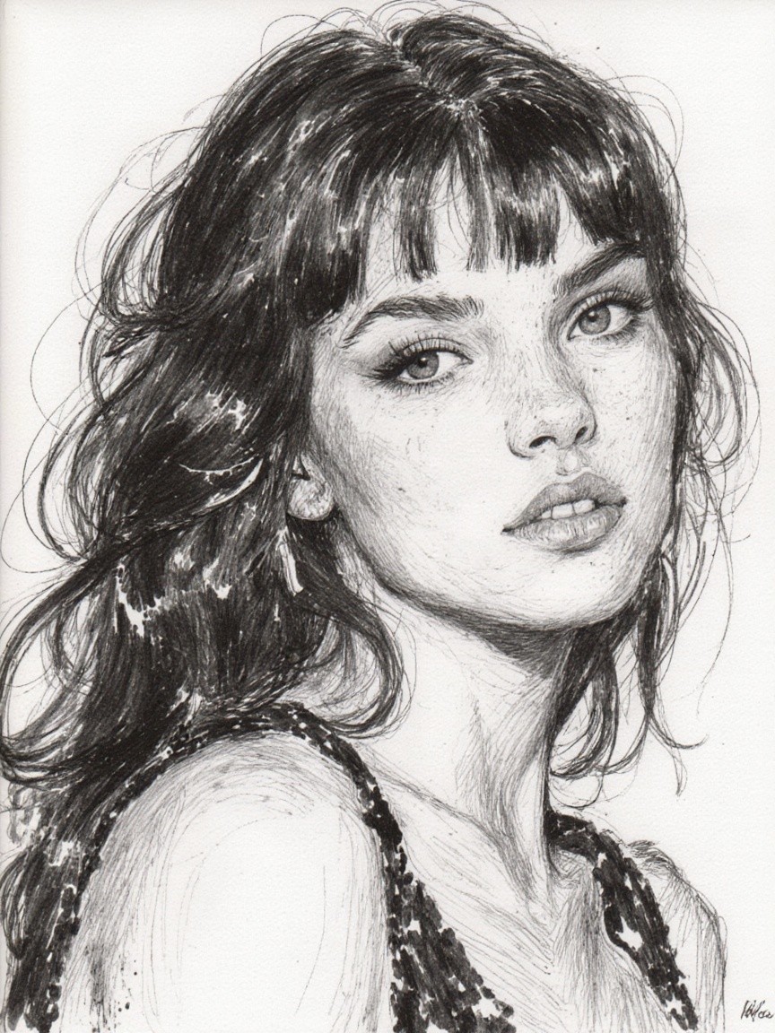 Pencil Sketch of a Young Woman with Wavy Hair