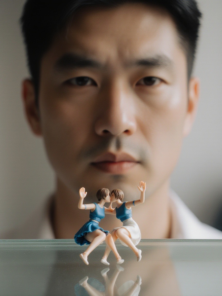 Man Observing Miniature Dancers in Soft Lighting