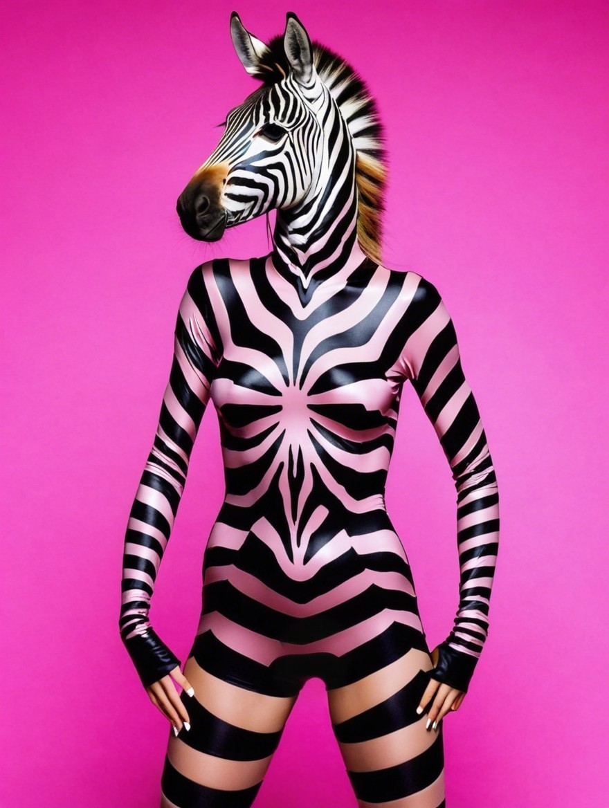 Zebra-Striped Bodysuit and Mask on Vibrant Pink Background