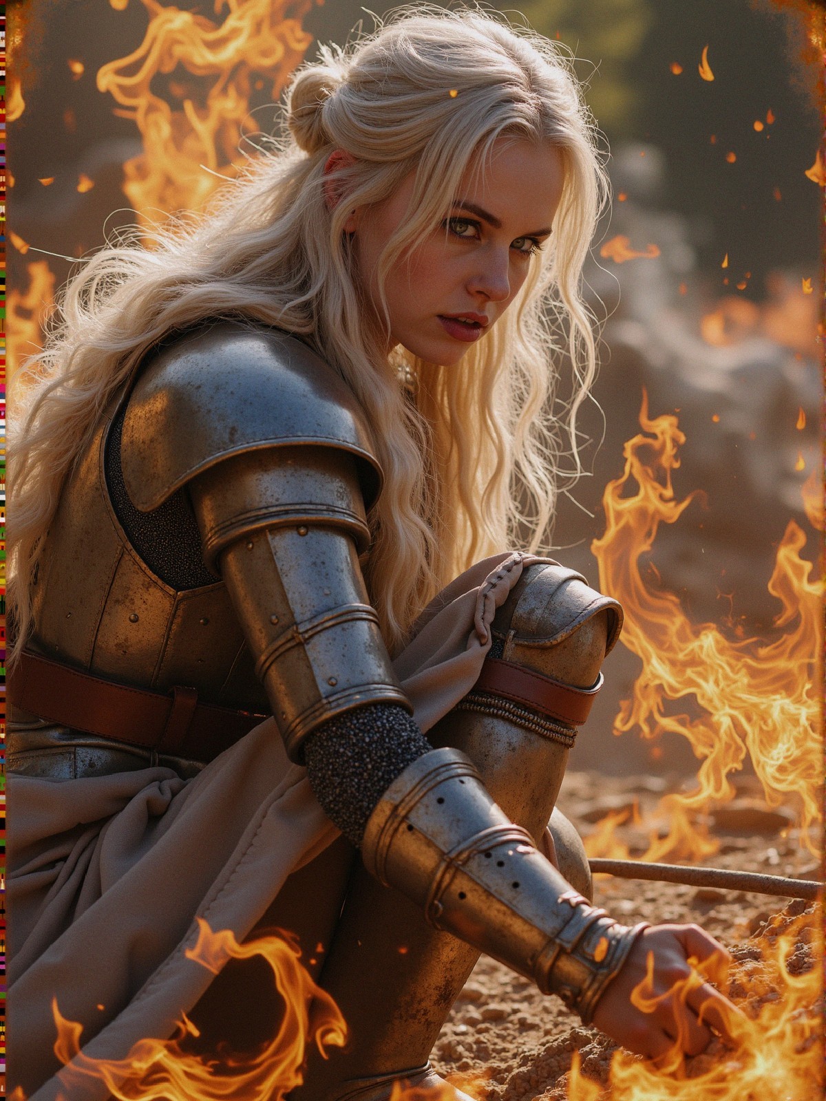 Warrior Woman in Silver Armor Amidst Flames