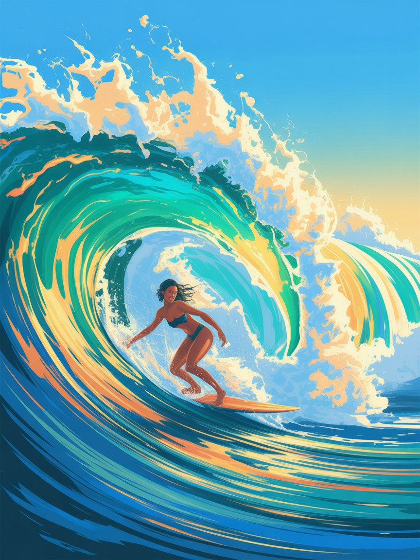 Surfer Riding a Wave in Vibrant Ocean Colors
