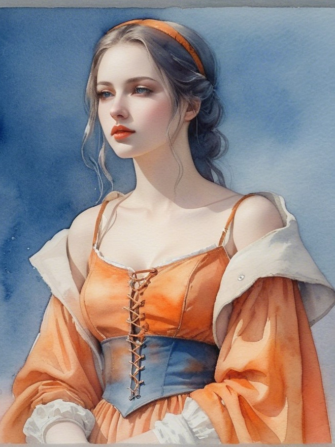 Young woman in orange dress with flowing hair in watercolors