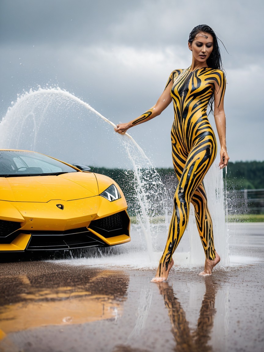 Model in Yellow and Black Bodysuit by Yellow Lamborghini