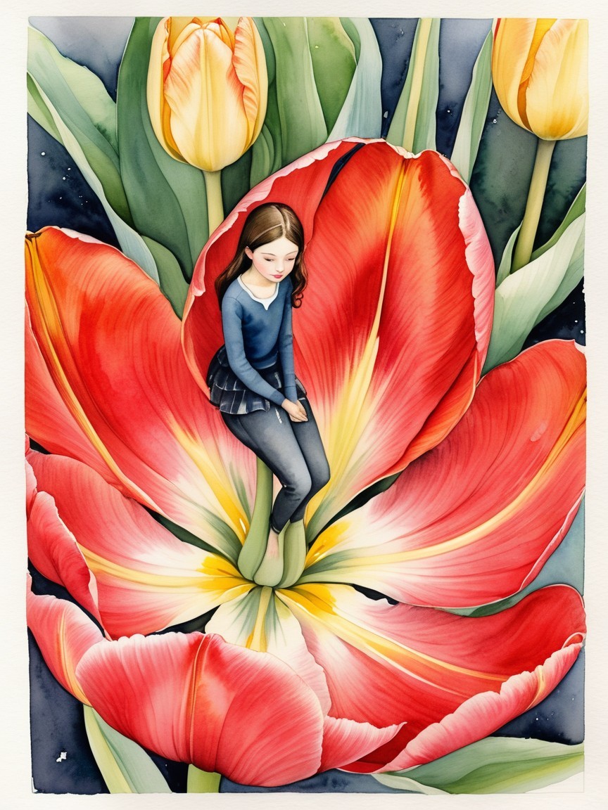 Whimsical Illustration of Girl in a Red Tulip