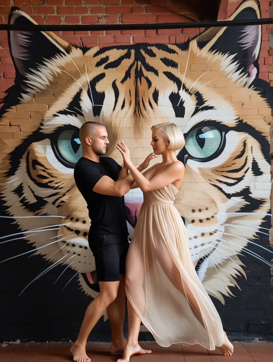 Man and woman pose before vibrant tiger mural