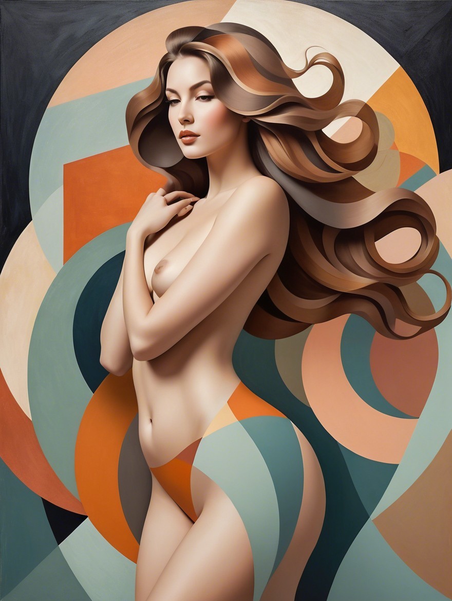 Nude Woman with Abstract Geometric Shapes in Warm Tones