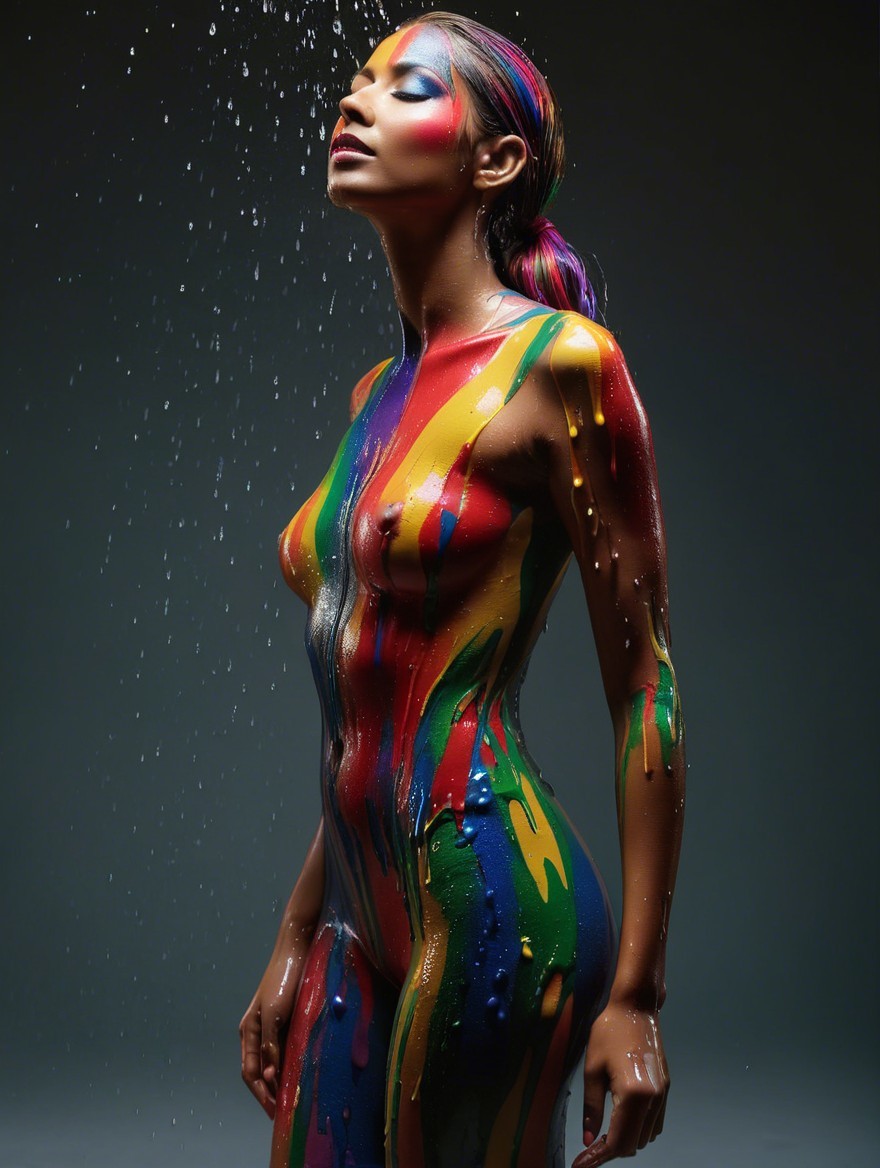 Model Under Cascading Water with Vibrant Body Paint