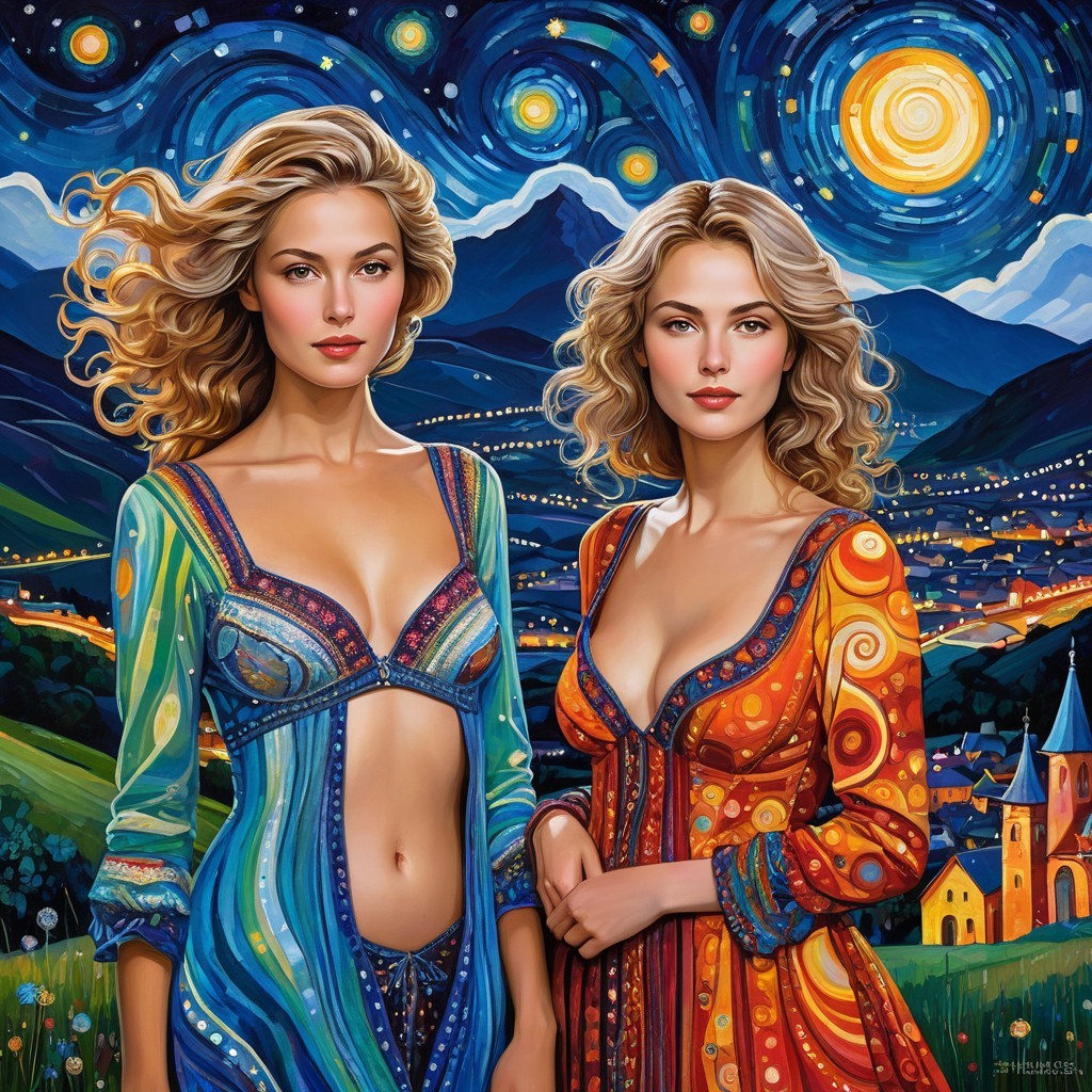 Elegant Women Against a Vibrant Night Sky Scene