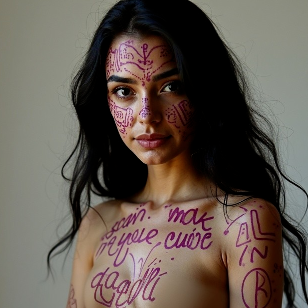 Woman with Dark Hair and Intricate Purple Body Art