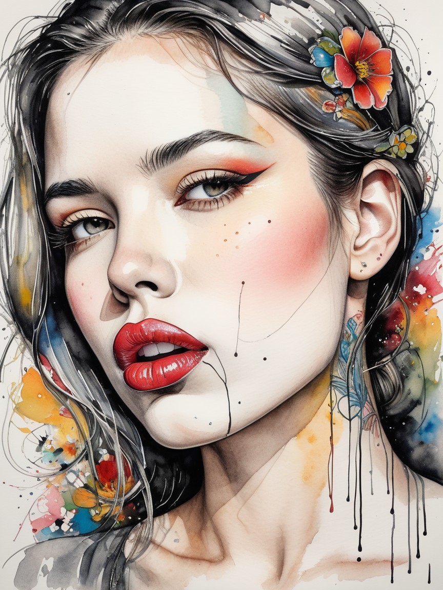 Portrait of a Young Woman with Bold Makeup and Flowers