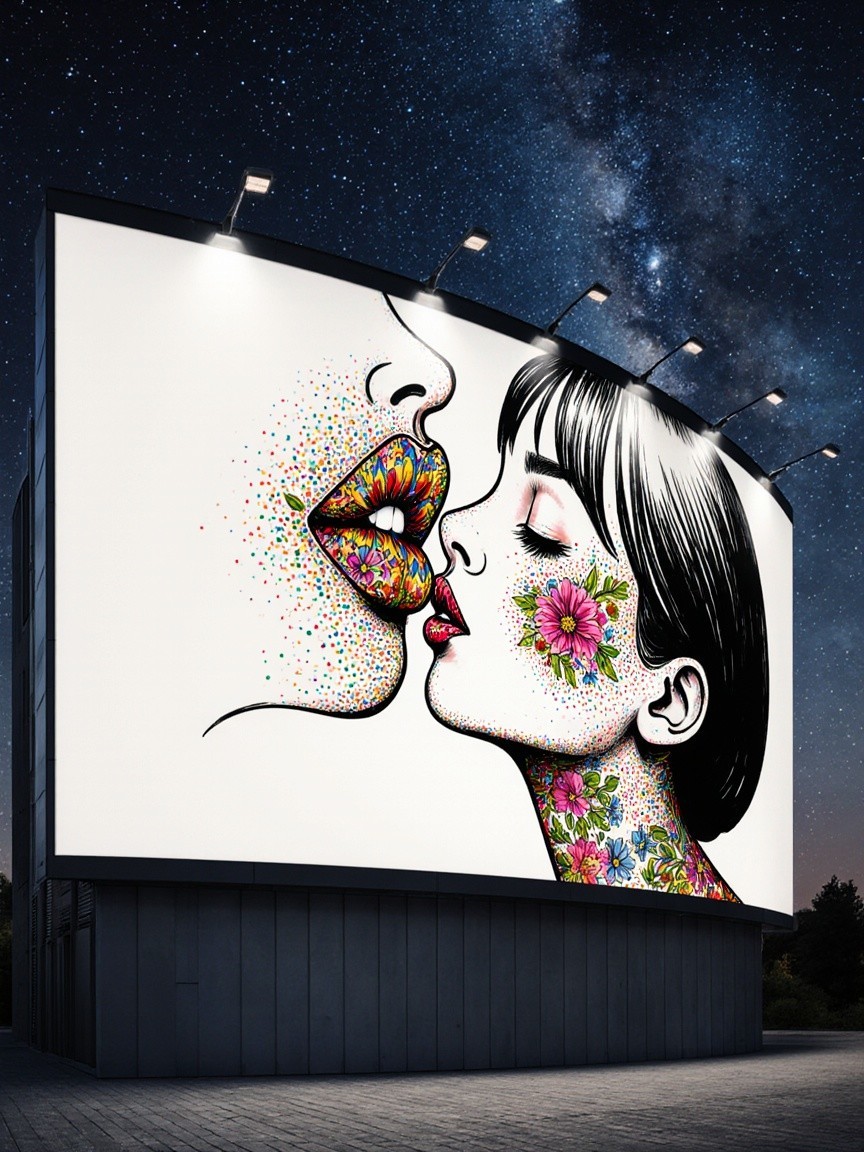 Vibrant Mural of Two Faces with Floral Patterns