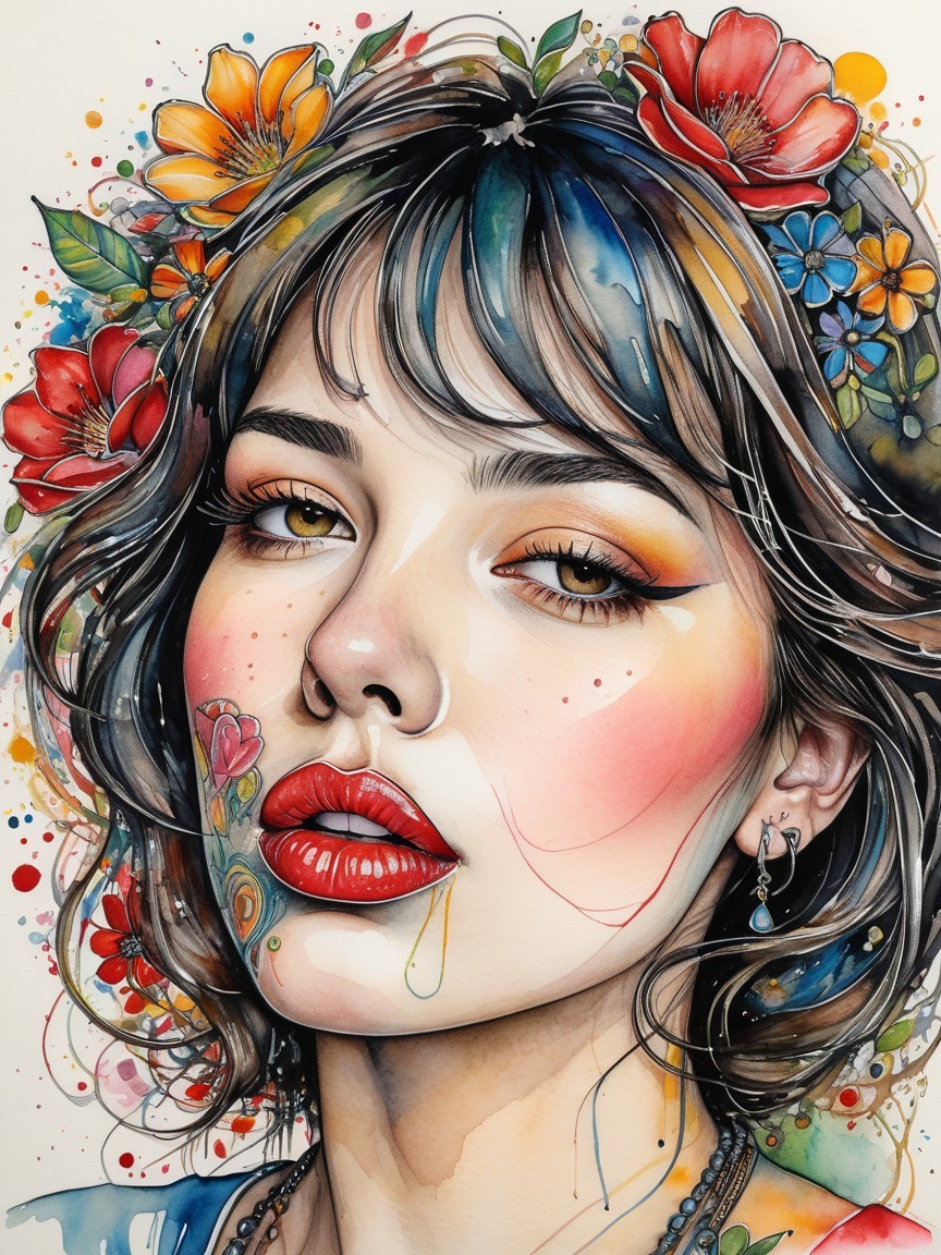 Portrait of a Young Woman with Colorful Floral Accents