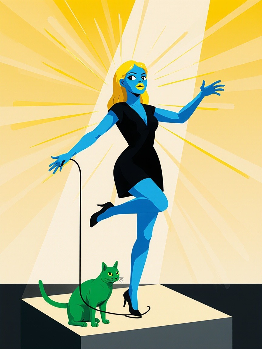 Vibrant Illustration of Blue-Skinned Figure and Cat