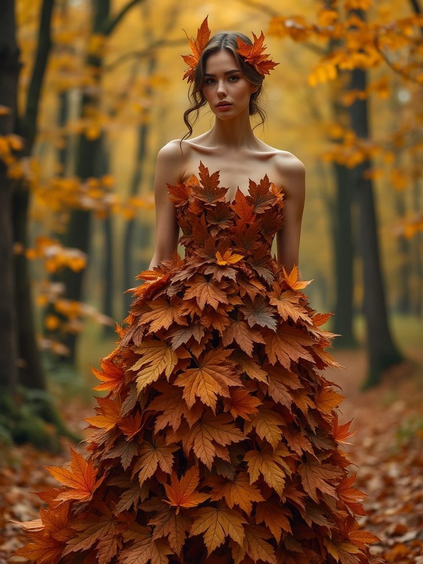 Young woman in leaf gown in autumn forest setting