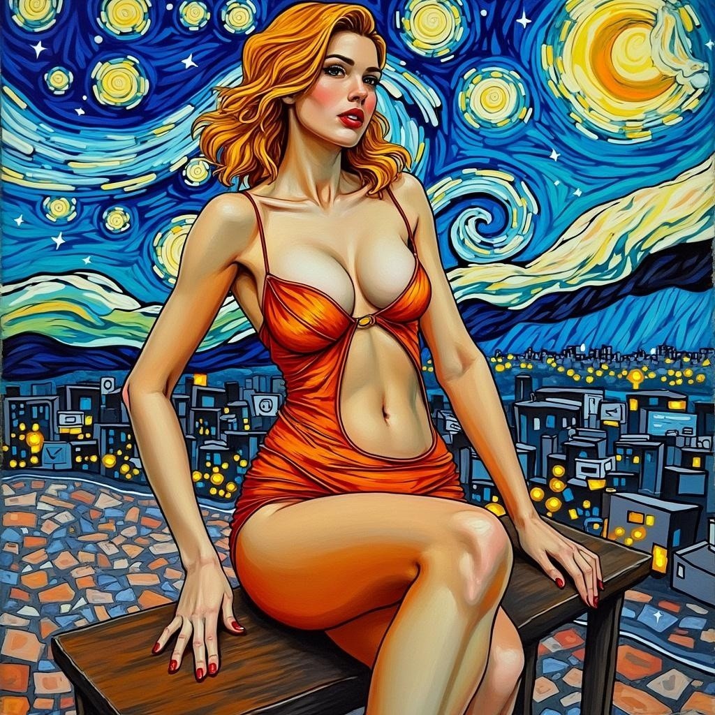 Stylized Woman with Red Hair Against Night Sky