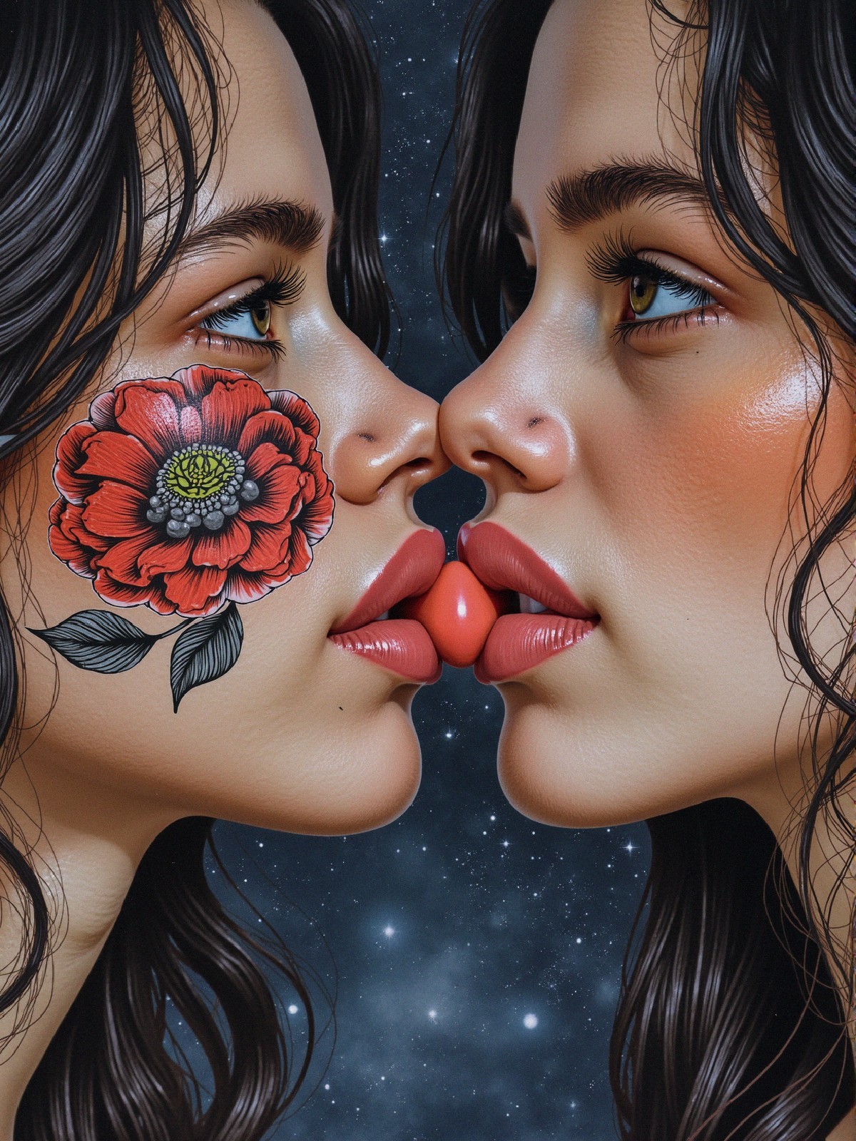Two Women in Intimate Pose Under Starry Sky