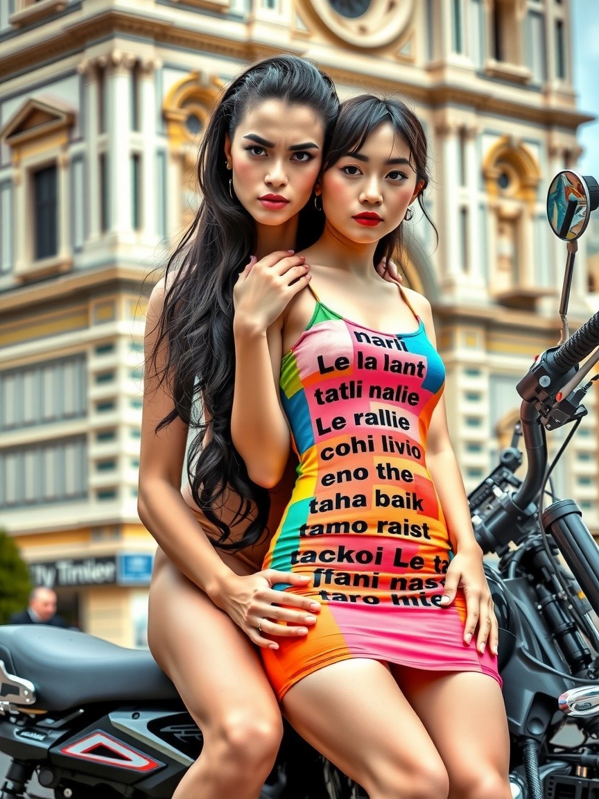 Women on Motorcycle with Colorful Dress and Urban Backdrop