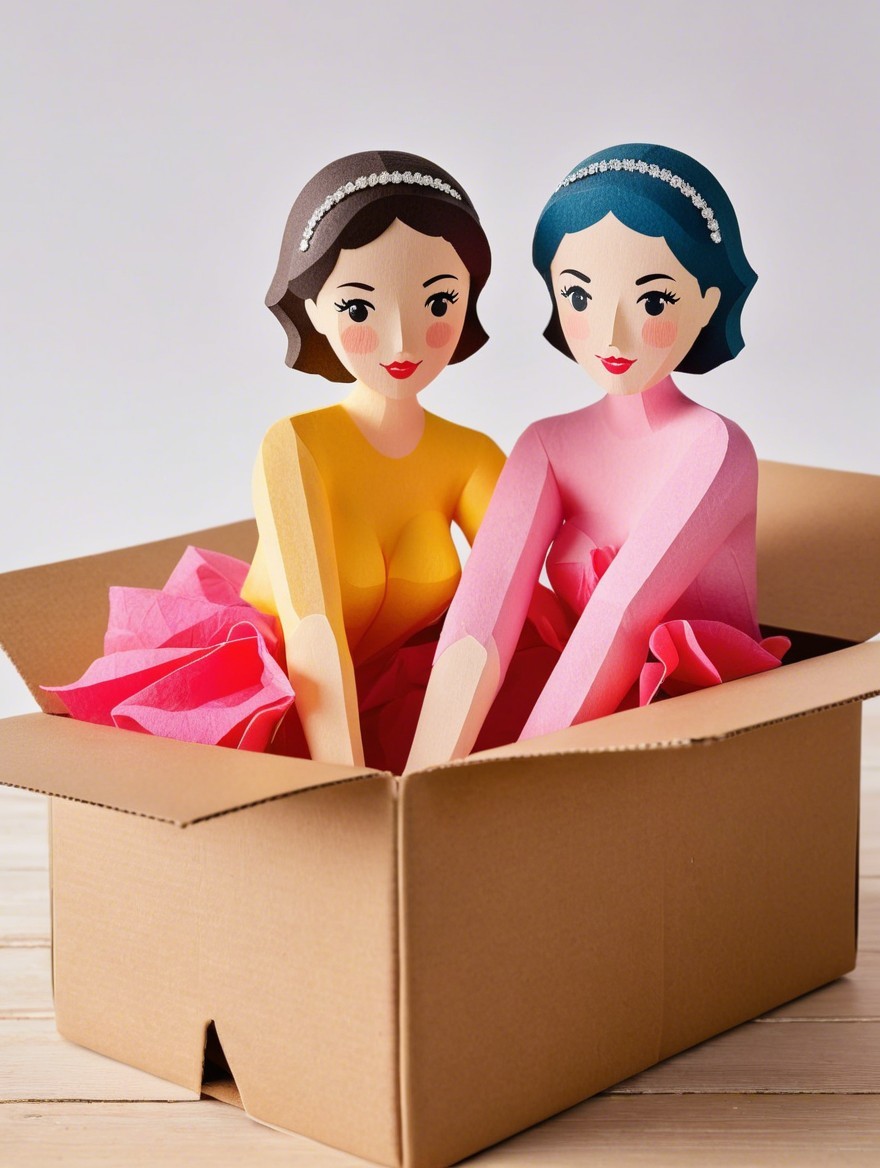 Stylized Figure in Squatting Pose with Pink Paper Skirt