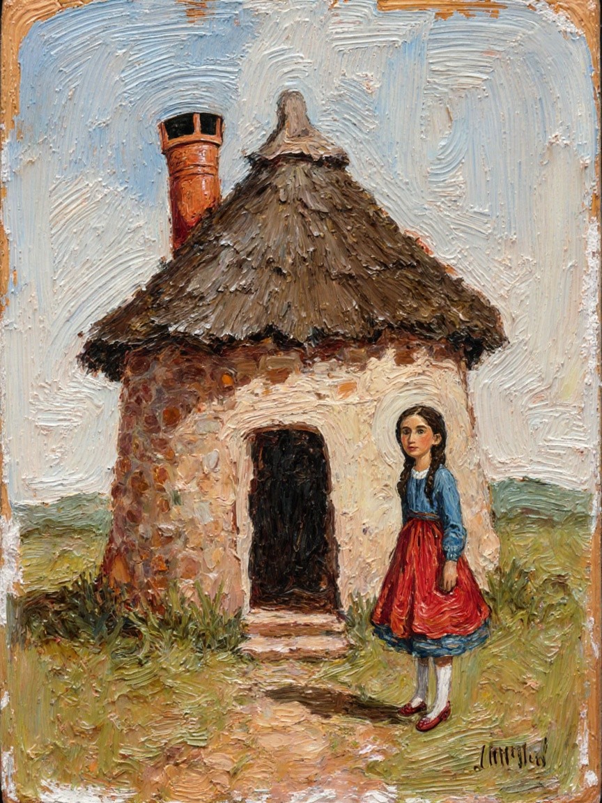 Young girl by a thatched-roof cottage in countryside