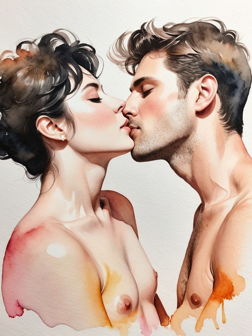 Romantic Watercolor Painting of Intimate Couple Moment