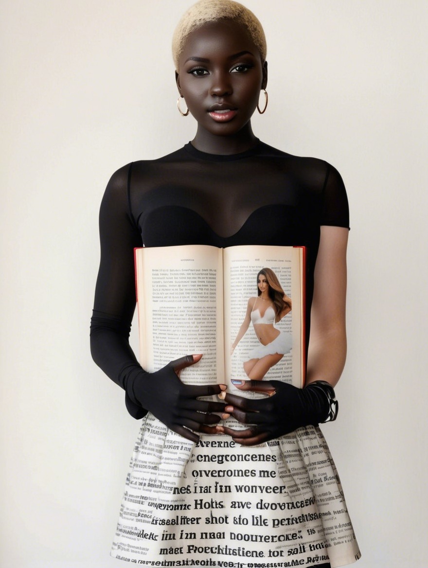 Model in Sheer Top with Open Book and Stylish Skirt