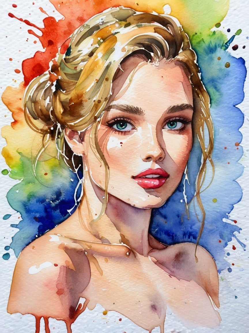 Watercolor Portrait of a Young Woman with Blonde Hair