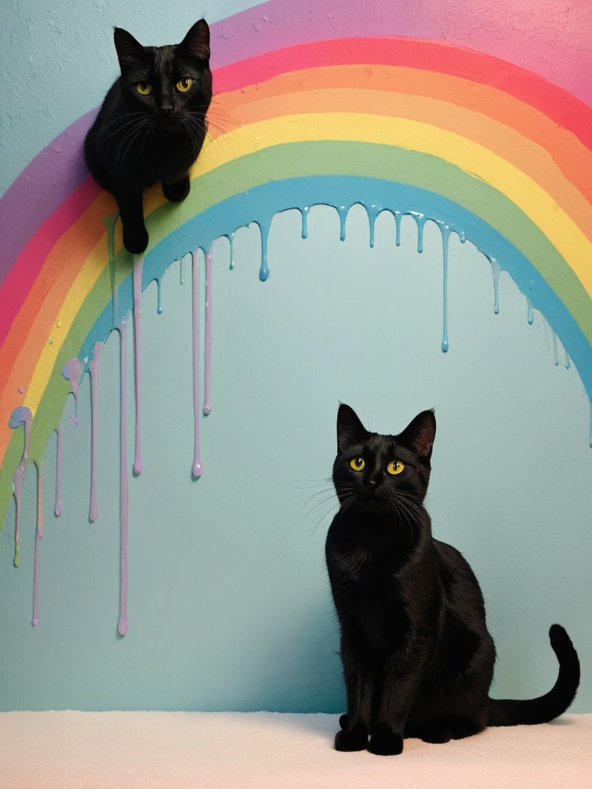 Black Cats Against Colorful Rainbow Mural Background