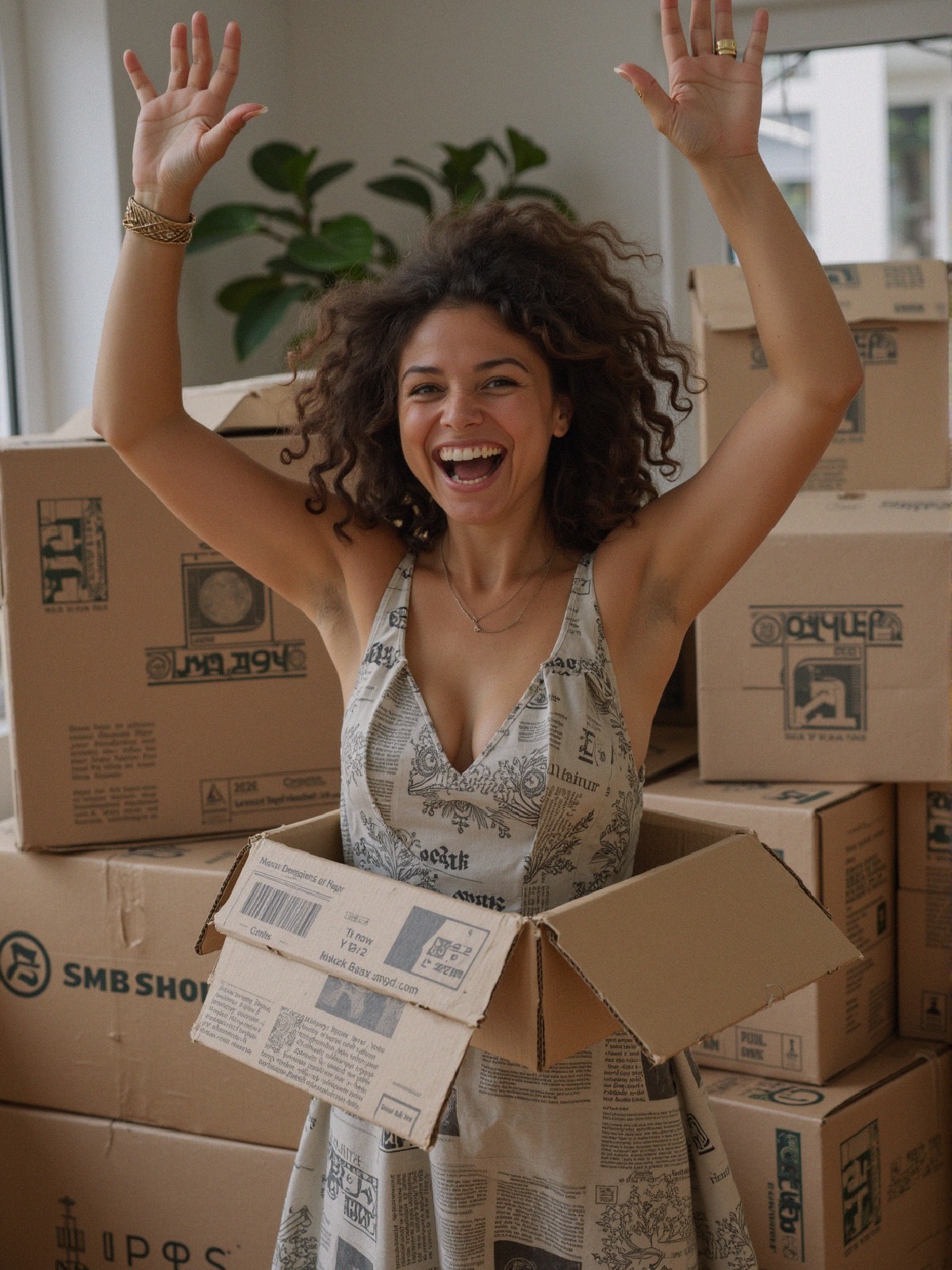 Joyful Woman in Cardboard Box with Newspaper Dress
