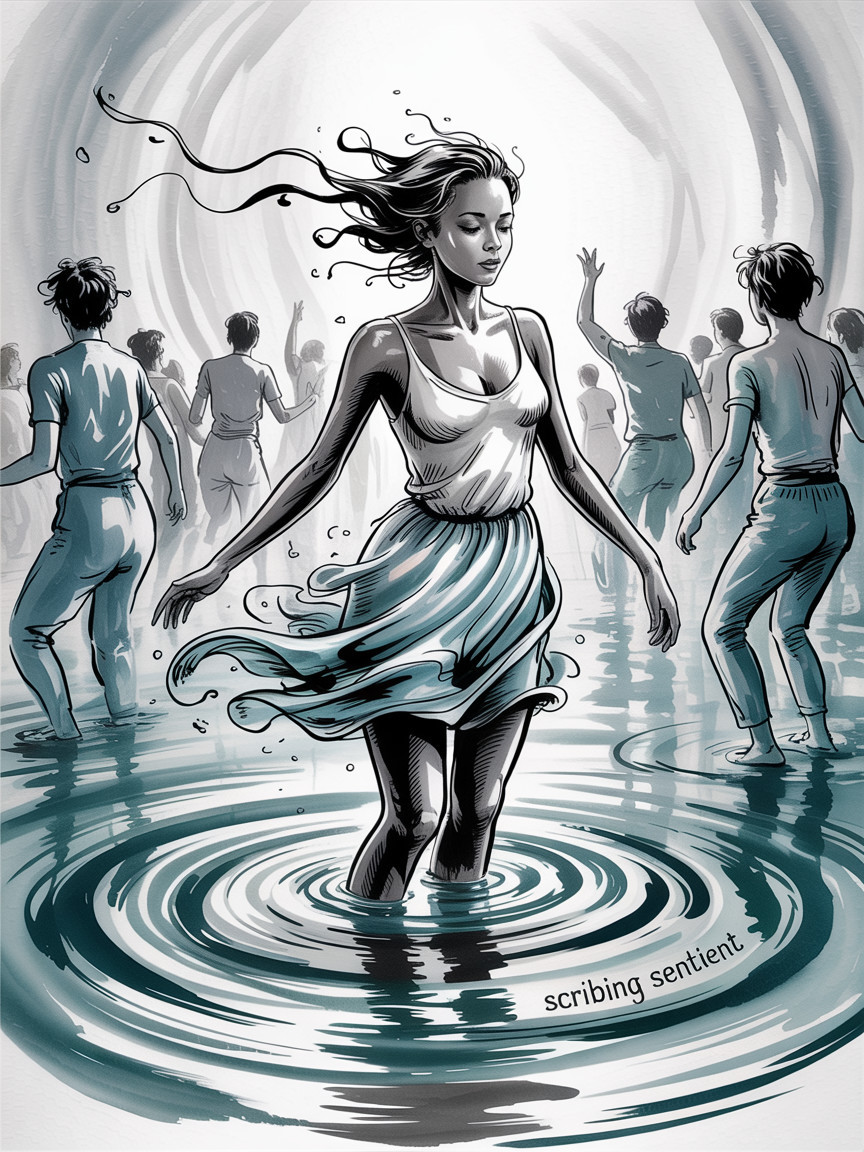 Monochromatic Dance Scene with Teal Accents