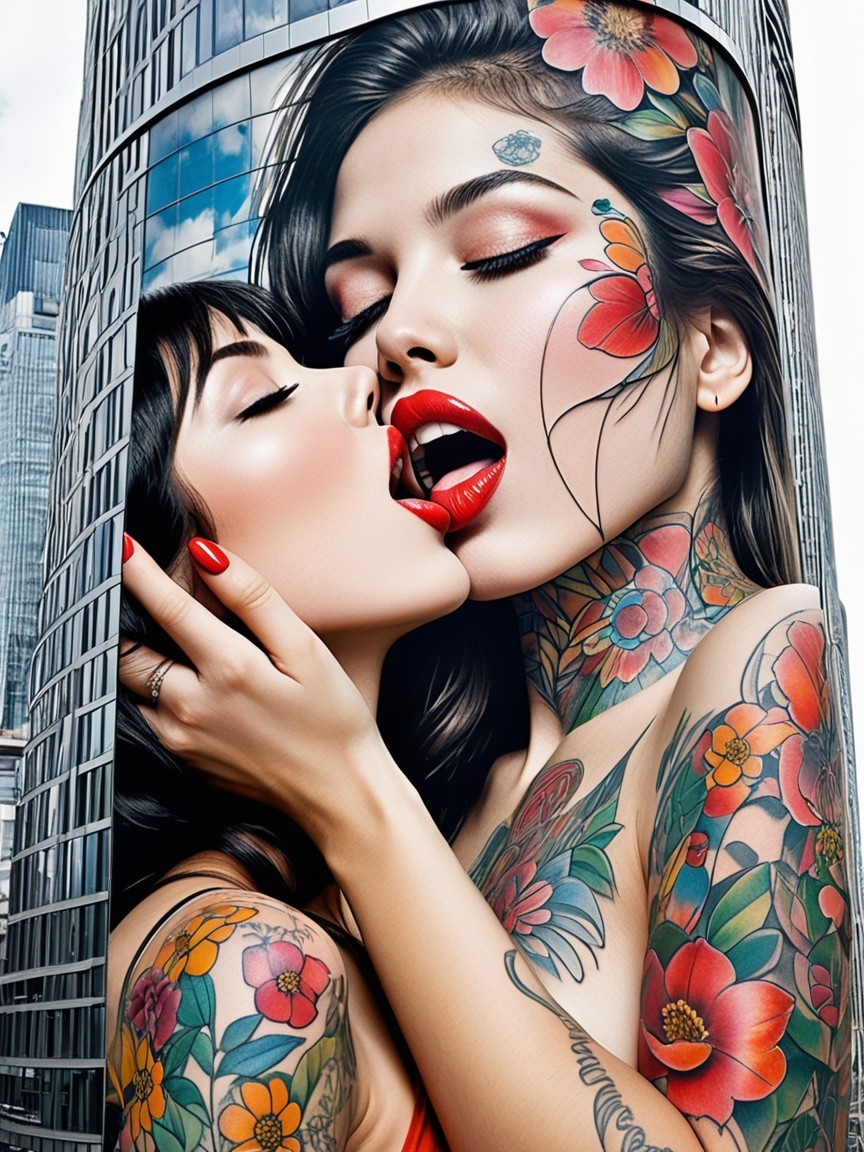 Colorful Tattoos and Bold Makeup in Urban Setting