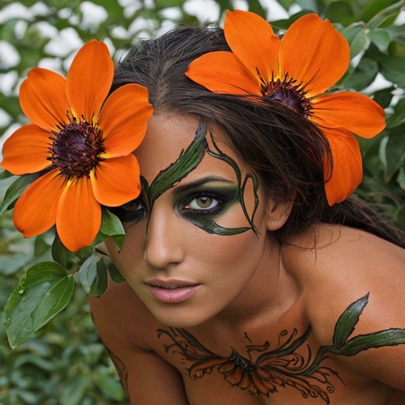 Woman in Greenery with Floral Headpiece and Body Art