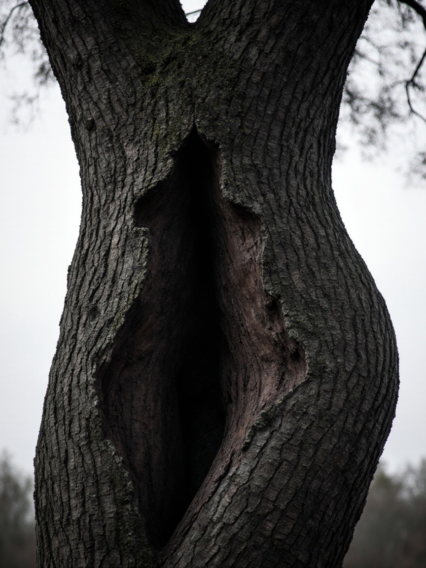 Tree with Hollow Trunk and Textured Bark in Blurred Background
