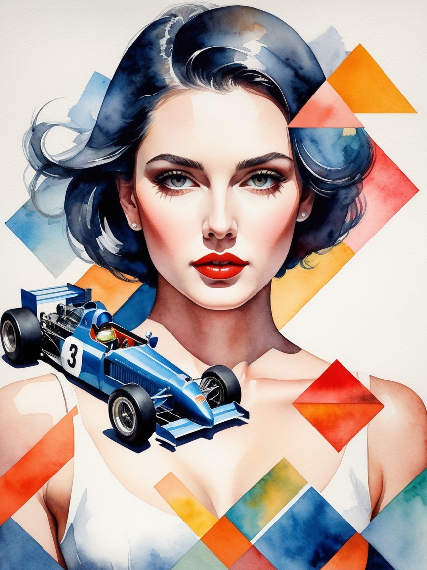 Watercolor Illustration of Glamorous Woman and Race Car