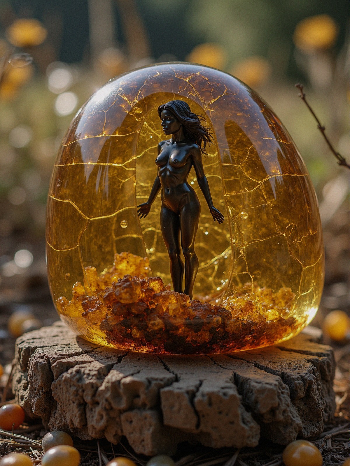 Amber Egg Sculpture with Nude Figure and Beads