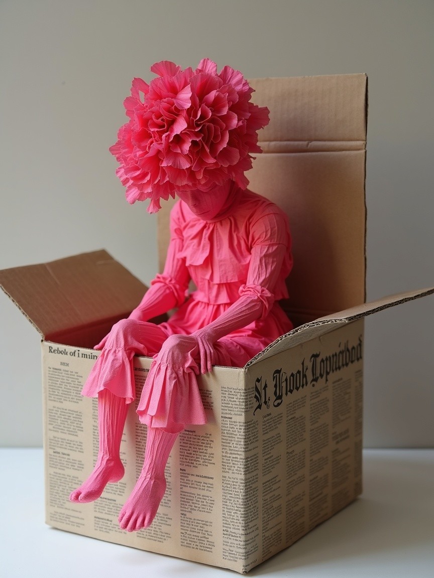 Bright Pink Figure in Cardboard Box with Floral Headpiece